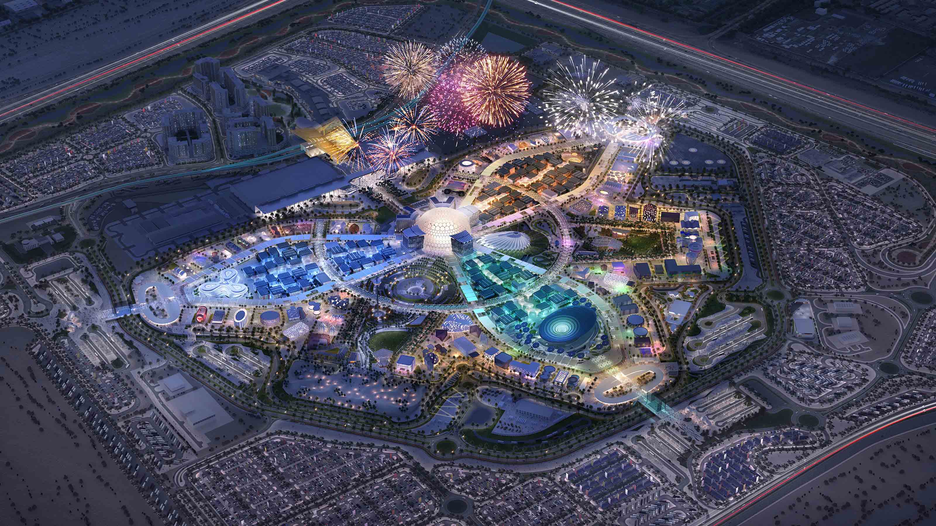 Nighttime Ariel View of Dubai's World Expo 2020