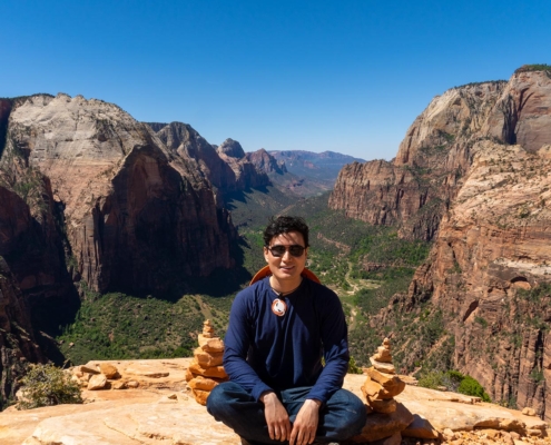 Ace Sitting on Angel's Landing, Zion National Park, Utah, United States